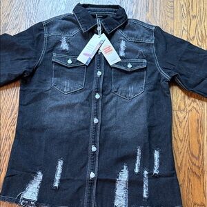 Black Distressed Denim Casual Button Down Shirt